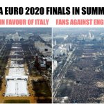 Euro 2020 | UEFA EURO 2020 FINALS IN SUMMARY; FANS IN FAVOUR OF ITALY      FANS AGAINST ENGLAND | image tagged in crowd size inauguration comparison | made w/ Imgflip meme maker