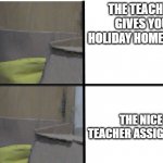 Maybe i'll do it | THE TEACHER GIVES YOU HOLIDAY HOMEWORK; THE NICE TEACHER ASSIGNED IT | image tagged in cat drake meme template | made w/ Imgflip meme maker