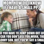 Little boy small pp | MOM, HOW DO I KNOW IF I HAVE A SMALL PP? IF YOU HAVE TO JUMP DOWN OUT OF A CAR YOU DON'T USE FOR WORK, THEN I'M SORRY SON, BUT YOU'VE GOT A SMALL PP. | image tagged in little boy small pp | made w/ Imgflip meme maker