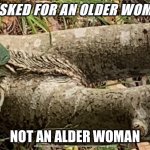 West coast problems | I ASKED FOR AN OLDER WOMAN; NOT AN ALDER WOMAN | image tagged in west coast problems | made w/ Imgflip meme maker