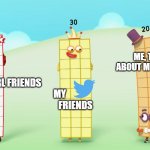 Twenty's talkin' about somethin' interesting for sure | ME, TALKING ABOUT MY INTERESTS; MY IRL FRIENDS                                                             MY      
                                              FRIENDS | image tagged in just some friends hangin' out,numberblocks,wholesome,twitter,friendship | made w/ Imgflip meme maker