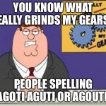 You know what grinds my gears | YOU KNOW WHAT REALLY GRINDS MY GEARS? PEOPLE SPELLING AGOTI AGUTI OR AGOUTI. | image tagged in you know what grinds my gears | made w/ Imgflip meme maker