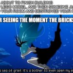 No please no | YOU WERE ABOUT TO FINISH BUILDING YOUR NEW LEGO MODEL, AND THEN SOMEONE JUST CAME INTO YOUR ROOM AND DESTROYED YOUR FINE WORK; YOU AFTER SEEING THE MOMENT THE BRICKS FELL OFF: | image tagged in sunk into a sea of grief | made w/ Imgflip meme maker