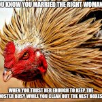 You know you married the right woman... | YOU KNOW YOU MARRIED THE RIGHT WOMAN.... WHEN YOU TRUST HER ENOUGH TO KEEP THE ROOSTER BUSY WHILE YOU CLEAN OUT THE NEST BOXES!!! | image tagged in homestead,chickens | made w/ Imgflip meme maker