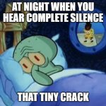 scared squidward | AT NIGHT WHEN YOU HEAR COMPLETE SILENCE; THAT TINY CRACK | image tagged in scared squidward | made w/ Imgflip meme maker