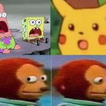 Surprised Patrick, Spongebob, Pikachu and Monkey looking away meme