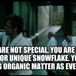 Fight Club - You are not special.  You are not a beautiful or unique snowflake | “YOU ARE NOT SPECIAL. YOU ARE NOT A BEAUTIFUL OR UNIQUE SNOWFLAKE. YOU ARE THE SAME DECAYING ORGANIC MATTER AS EVERYTHING ELSE.” | image tagged in fight club - tyler durden - brad pitt,fight club,quote,life,wisdom,funny | made w/ Imgflip meme maker