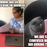 Woman showing paper to cat | MAHMUDUL HAQ SIR TELLS US TO READ THE ANSWERS WE ARE STILL CONFUSED WHAT WE DID DURING THE EXAM | image tagged in woman showing paper to cat | made w/ Imgflip meme maker