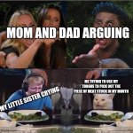 Dinner Table In A Nutshell | MOM AND DAD ARGUING MY LITTLE SISTER CRYING ME TRYING TO USE MY TONGUE TO PICK OUT THE PIECE OF MEAT STUCK IN MY MOUTH | image tagged in four panel taylor armstrong pauly d callmecarson cat,salad cat,argument,cat at table,callmecarson crying next to joe swanson | made w/ Imgflip meme maker