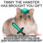 minecraft | TIMMY THE HAMSTER HAS BROUGHT YOU GIFT; HE HOPES YOU ENJOY YOUR  DIAMOND GEAR TIMMY WILL COME BACK TOMORROW WITH ANOTHER GIFT | image tagged in timmy the hamster | made w/ Imgflip meme maker