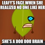 BFDI "Wat" Face | LEAFY'S FACE WHEN SHE REALIZED NO ONE LIKE HER SHE'S A DOO DOO BRAIN | image tagged in bfdi wat face | made w/ Imgflip meme maker