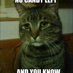 Depressed Cat | WHEN YOU HAVE NO CANDY LEFT; ...AND YOU KNOW YOUR SISTER TOOK IT | image tagged in memes,depressed cat | made w/ Imgflip meme maker