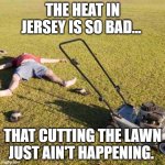 Jersey heat | THE HEAT IN JERSEY IS SO BAD... THAT CUTTING THE LAWN JUST AIN'T HAPPENING. | image tagged in heat wave mowing,new jersey memory page,new jersey,lisa payne,u r home realty | made w/ Imgflip meme maker