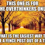 Overthinker Post | THIS ONE IS FOR THE OVERTHINKERS ONLY; WHAT IS THE EASIEST WAY TO MAKE A FENCE POST OUT OF A TREE? | image tagged in autumn trees,overthinker,funny memes,memes,dumber than a stump | made w/ Imgflip meme maker