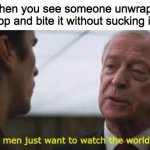 why just why | When you see someone unwrap a lollipop and bite it without sucking it first | image tagged in some men just want to watch the world burn | made w/ Imgflip meme maker
