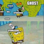 spongebob scared | GHOST; WINDOW; WALL; DOOR; SPONGEBOB; GROUND; HAT; SPONGEBOB; CLOTHES | image tagged in spongebob scared,ghost,spongebob,door,window,wall | made w/ Imgflip meme maker