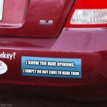 When you see a car with 50 bumper stickers on the back... | I KNOW YOU HAVE OPINIONS... I SIMPLY DO NOT CARE TO HEAR THEM | image tagged in bumper sticker,opinions | made w/ Imgflip meme maker
