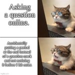 angry cat | Asking a question online. Accidentally putting a period at the end instead of a question mark and not noticing it before I hit enter. | image tagged in angry cat,computer,typing,question | made w/ Imgflip meme maker