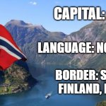 Norway | CAPITAL: OLSO; LANGUAGE: NORWEGIAN; BORDER: SWEDEN, FINLAND, RUSSIA | image tagged in norway | made w/ Imgflip meme maker