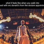 Lebron James | whet it feels like when you walk into school with mc donald’s from the doctors appointment | image tagged in lebron james | made w/ Imgflip meme maker