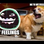 Me to my feelings ;^; | ME TO MY FEELINGS; MY FEELINGS | image tagged in scared corgi | made w/ Imgflip meme maker