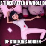 Miraculous Ladybug Marinette In bed | ME TIRED AFTER A WHOLE DAY; OF STALKING ADRIEN | image tagged in miraculous ladybug marinette in bed,miraculous ladybug | made w/ Imgflip meme maker