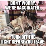 DOG PARTY | DON'T WORRY, WE'RE VACCINATED. TURN OFF THE LIGHT BEFORE YOU LEAVE. | image tagged in dog party | made w/ Imgflip meme maker
