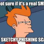Phishing scams | Not sure if it's a real SMS; OR SKETCHY PHISHING SCAM | image tagged in squinting | made w/ Imgflip meme maker