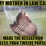 Smoking broom | MY MOTHER IN LAW CAN; MAKE THE KESSEL RUN IN LESS THAN TWELVE PARSECS | image tagged in smoking broom | made w/ Imgflip meme maker
