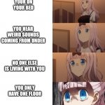 demon under my bed | YOUR ON YOUR BED; YOU HEAR WEIRD SOUNDS COMING FROM UNDER; NO ONE ELSE IS LIVING WITH YOU; YOU ONLY HAVE ONE FLOOR | image tagged in stressed chika | made w/ Imgflip meme maker