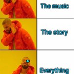 Drake meme 3 panels | What's the best part of undertale? The music; The story; Everything | image tagged in drake meme 3 panels,undertale,sans | made w/ Imgflip meme maker