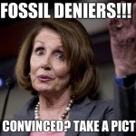 Nancy Pelosi | FOSSIL DENIERS!!! NOT CONVINCED? TAKE A PICTURE | image tagged in nancy pelosi | made w/ Imgflip meme maker