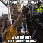 Taking the "anon" out of Qanon | IF QANON ARE ANTI-MASK; WHAT DO THEY THINK "ANON" MEANS? | image tagged in moron punches horse | made w/ Imgflip meme maker