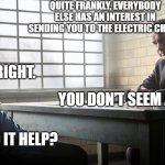 Does worry help | QUITE FRANKLY, EVERYBODY ELSE HAS AN INTEREST IN SENDING YOU TO THE ELECTRIC CHAIR. ALL RIGHT. YOU DON’T SEEM ALARMED. WOULD IT HELP? | image tagged in bridge of spies | made w/ Imgflip meme maker