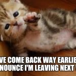 Goodbye everyone | I'VE COME BACK WAY EARLIER TO ANNOUNCE I'M LEAVING NEXT WEEK | image tagged in sad kitten goodbye | made w/ Imgflip meme maker