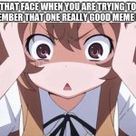 think think think! | THAT FACE WHEN YOU ARE TRYING TO REMEMBER THAT ONE REALLY GOOD MEME IDEA | image tagged in anime realization | made w/ Imgflip meme maker