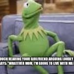 kermit frog | WHEN YOU'RE SITTING ON THE COUCH HEARING YOUR GIRLFRIEND ARGUING LOUDLY WITH HER MOM, AND SHE SUDDENLY
 SAYS: "WHATEVER MOM, I'M GOING TO LIVE WITH MA MAN" | image tagged in kermit frog | made w/ Imgflip meme maker