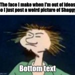 Just Shaggy | The face I make when I'm out of ideas so I just post a weird picture of Shaggy:; Bottom text | image tagged in shaggy,bottom text,out of ideas | made w/ Imgflip meme maker