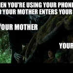 Hobbits hide from nazgul | WHEN YOU'RE USING YOUR PHONE AT NIGHT AND YOUR MOTHER ENTERS YOUR BEDROOM; YOUR MOTHER; YOUR PHONE | image tagged in hobbits hide from nazgul,lotr,relatable,memes,funny memes | made w/ Imgflip meme maker