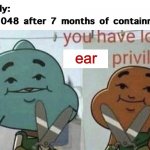 SCP 1048 after 7 months of containment | Nobody:
SCP 1048 after 7 months of containment:; ear | image tagged in you have lost p nis privilege,scp,funny memes,scp 1048 | made w/ Imgflip meme maker
