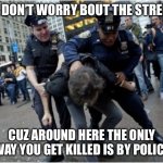 Police brutality | WE DON’T WORRY BOUT THE STREETS; CUZ AROUND HERE THE ONLY WAY YOU GET KILLED IS BY POLICE | image tagged in police brutality,true story bro,welcome to the neighborhood | made w/ Imgflip meme maker
