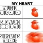 My heart meme | YOU SEE YOUR CRUSH; SHE WALKS OVER TO YOU; SHE STARTS TALKING | image tagged in my heart meme | made w/ Imgflip meme maker