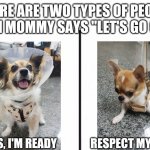 Two Types Of People In This World | THERE ARE TWO TYPES OF PEOPLE WHEN MOMMY SAYS "LET'S GO OUT!"; YASS, I'M READY               RESPECT MY BEDTIME | image tagged in two types of people in this world | made w/ Imgflip meme maker