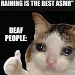 relatable :( | "SLEEPING WHILE RAINING IS THE BEST ASMR"; DEAF PEOPLE: | image tagged in cat cry | made w/ Imgflip meme maker