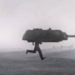 man running with tank turret meme