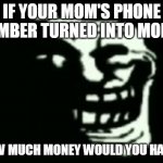 don't actually answer this it's a joke | IF YOUR MOM'S PHONE NUMBER TURNED INTO MONEY; HOW MUCH MONEY WOULD YOU HAVE? | image tagged in troll | made w/ Imgflip meme maker