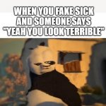 Kung Fu Panda Distorted Meme | WHEN YOU FAKE SICK AND SOMEONE SAYS "YEAH YOU LOOK TERRIBLE" | image tagged in kung fu panda distorted meme | made w/ Imgflip meme maker