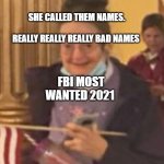 Capitol meemaw | SHE CALLED THEM NAMES.                          REALLY REALLY REALLY BAD NAMES; FBI MOST WANTED 2021 | image tagged in capitol meemaw | made w/ Imgflip meme maker