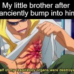 Half of my respiratory organs were destroyed | My little brother after I anciently bump into him | image tagged in half of my respiratory organs were destroyed | made w/ Imgflip meme maker