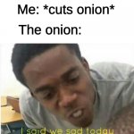 Onion facts | Me: *cuts onion*; The onion: | image tagged in i said we ____ today | made w/ Imgflip meme maker